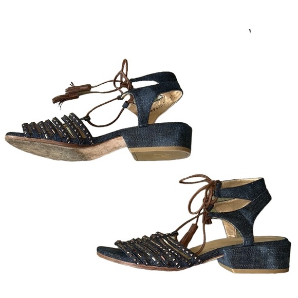Stuart Weitzman Skippity Antique Denim Strappy Tassel Wrap Sandals 7.5 - Picture 10 of 16
